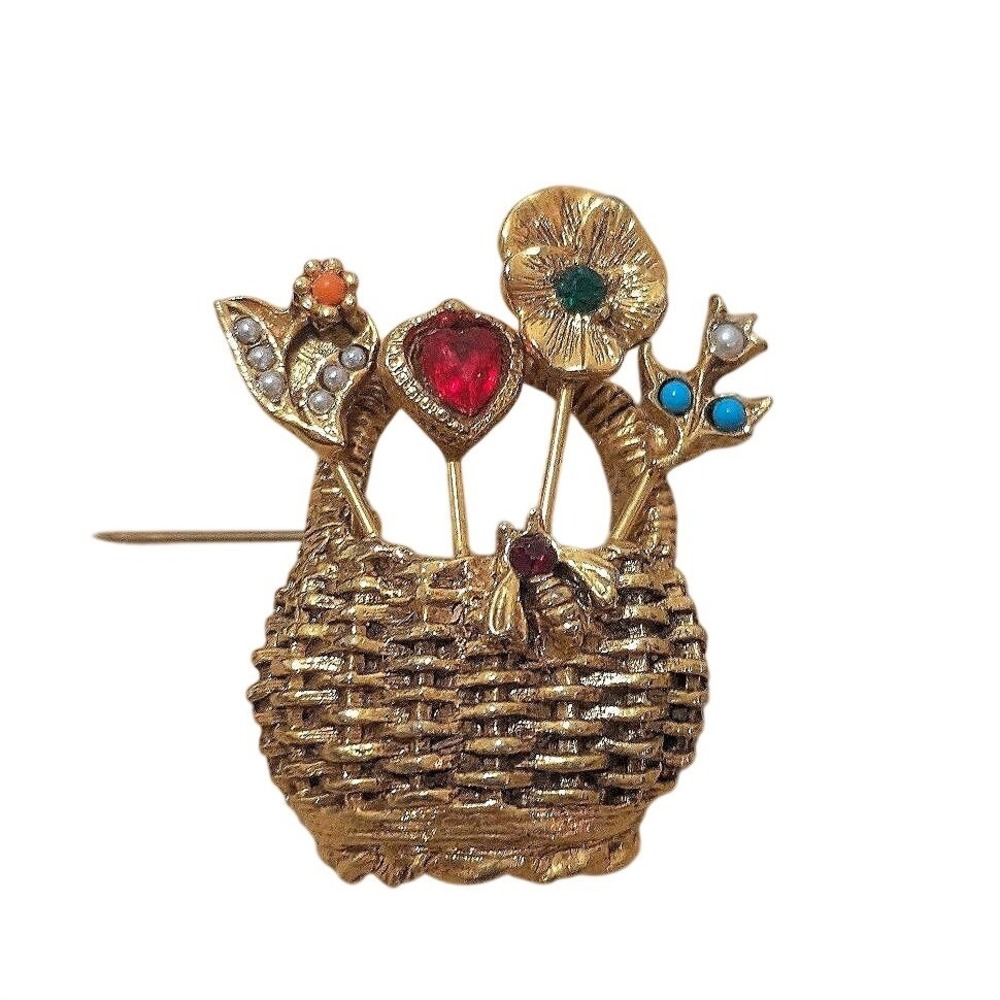 Vintage GOLDETTE Gold‎ Tone Woven Basket Flower Gemstone Pin Brooch Multicolor